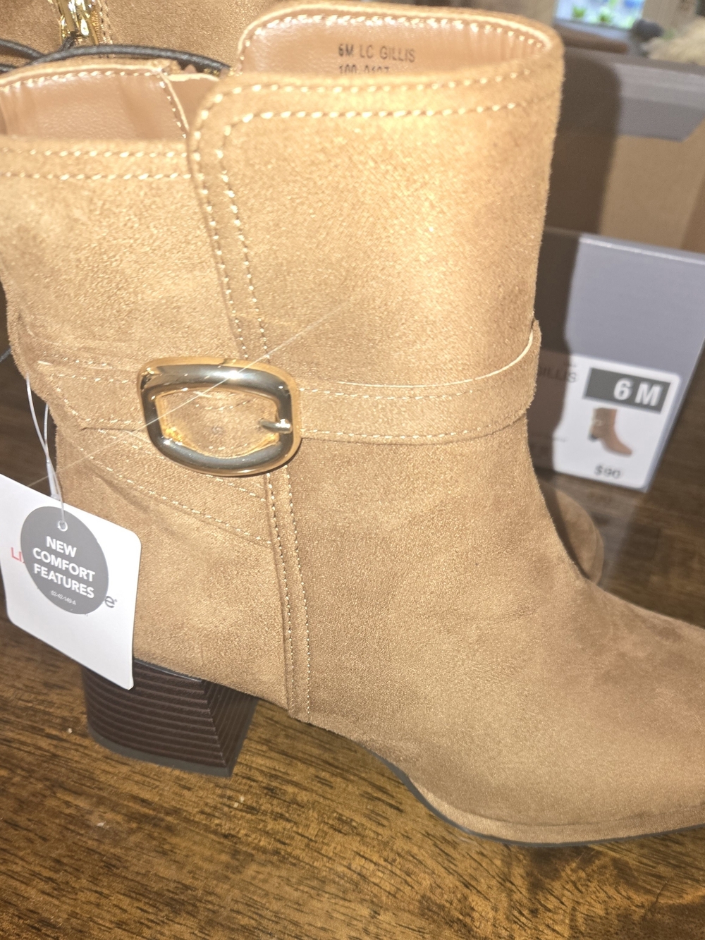 Liz Claiborne Women's 6M Camel Suede Ankle Booties with Gold Buckle